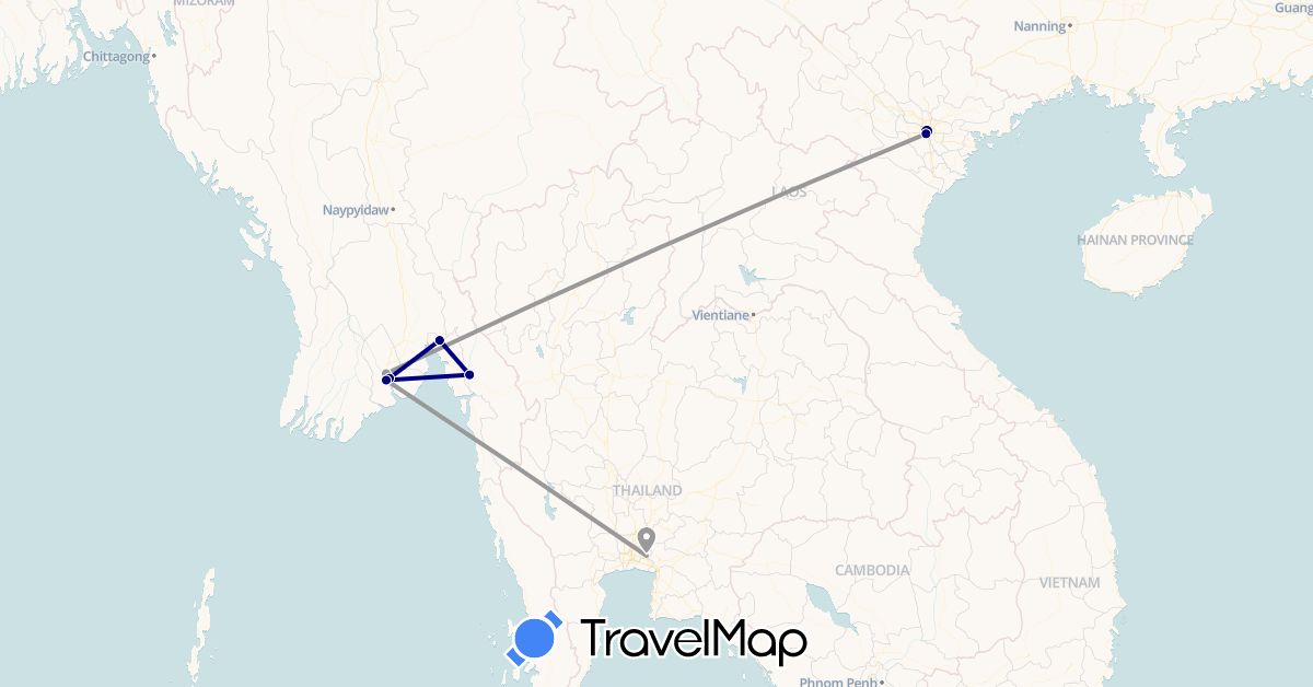 TravelMap itinerary: driving, plane in Myanmar (Burma), Thailand, Vietnam (Asia)
